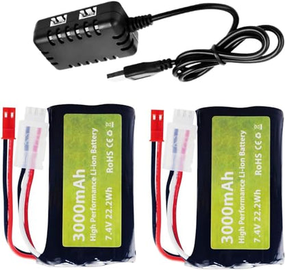 2PCS 7.4V 3000mah 15C 2S Li ion Battery with JST-2P Plug and 2in1 Charger for UDIRC UD1601 UD1602 SG1603 RC Car 1/10, 1/12, 1/16 Ratio RC Car Truck RC Ship Drone Engineering Vehicle