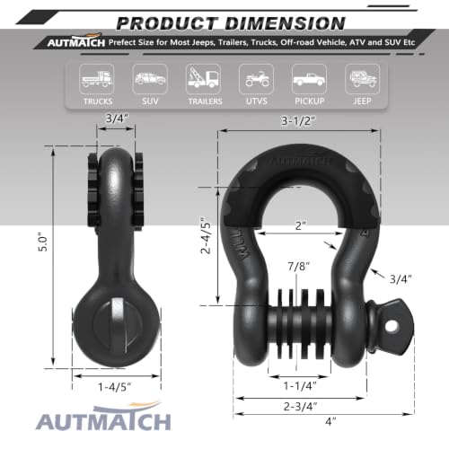 AUTMATCH 3/4" D Ring Shackles (2-Pack) - 41,887 lbs Break Strength | Clevis Shackle with 7/8" Pin & Isolator Washer Kit for Tow Strap, Winch, Towing & Off-Road Vehicle Recovery, Gunmental Gray - color: Gunmetal Gray