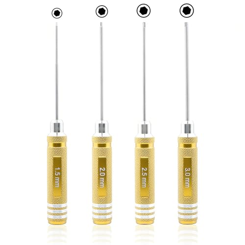 4 Pieces Hex Screw Driver Set 1.5mm 2.0mm 2.5mm 3.0mm Allen Wrench Keys Screwdriver Kit RC Repair Tools for Traxxas RC Car Drone Multi-Axis Helicopter Arrma Axial Losi Redcat Racing (Gold) - color: Gold