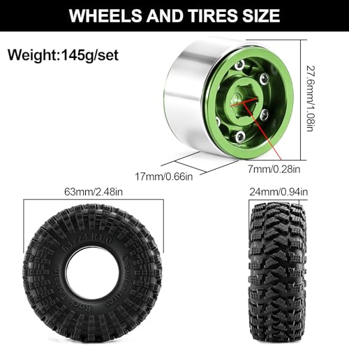 1.0" Beadlock Aluminum Wheels and 64mm Soft Rubber Tires | for SCX24, TRX4M, Ascent 18, FCX24, 1/18 1/24 RC Crawler, 7mm Hex, 0mm Offset, with Foam Inserts, (Green 356) - color: Green 356