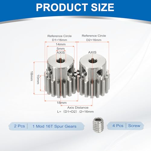 uxcell 2Pcs 1 Mod 16T Spur Gear 4mm Bore, 304 Stainless Steel Pinion Gear, 20°Pressure Angle, for Spur Rack and RC Model Car or Motor DIY(14mm) - size: 1 Mod 16T, 4mm x 14mm