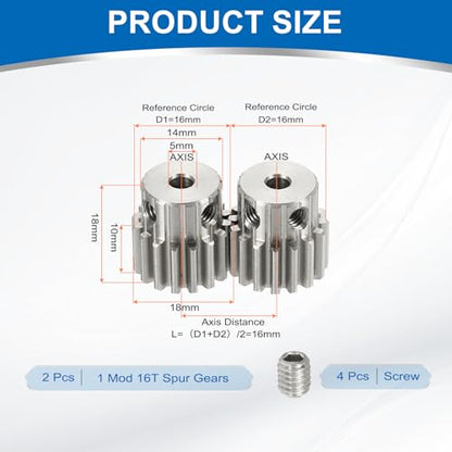 uxcell 2Pcs 1 Mod 16T Spur Gear 4mm Bore, 304 Stainless Steel Pinion Gear, 20°Pressure Angle, for Spur Rack and RC Model Car or Motor DIY(14mm) - size: 1 Mod 16T, 4mm x 14mm