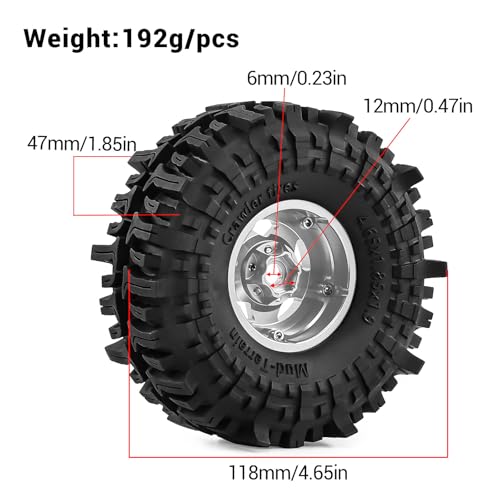 1.9" Pre-Assembled Beadlock Wheels and Tires 118mm (4.65in) for SCX10 TRX4 1/10 RC Crawlers – Aluminum Rims, Soft Rubber Tires with Foam Inserts, Easy-Install Upgrade Parts (Silvery) - color: silvery