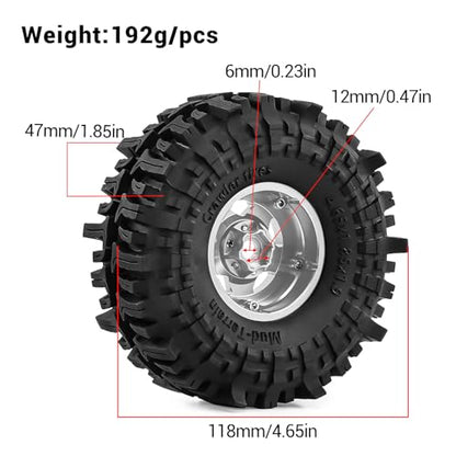 1.9" Pre-Assembled Beadlock Wheels and Tires 118mm (4.65in) for SCX10 TRX4 1/10 RC Crawlers – Aluminum Rims, Soft Rubber Tires with Foam Inserts, Easy-Install Upgrade Parts (Silvery) - color: silvery