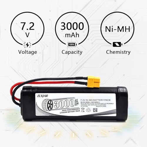 (2-Pack) 7.2V 3000mAh Ni-MH Battery with XT60 Plug for RC Cars & Trucks | 10C battery for LOSI, HPI, Associated, Kyosho and Tamiya 2WD/4WD models; includes 4.8V–12V Ni-MH/Ni-Cd charger. - color: 7.2V 3000mAh XT60-Plug