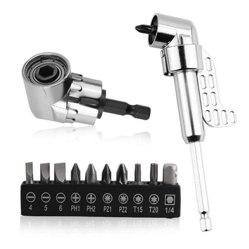 2PCS 105° Right Angle Drill Attachment & 25mm Screwdriver Bits Kit,Hex Magnetic 90 Degree Drill Attachment for Tight Space Repair,Universal Right Angle Drills Adapter