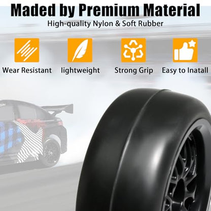 OD 2.55" On Road Rubber Tires Nylon Wheels- 12mm Hex for 1/10 RC Racing Car | Compatible with MJX HSP Tamiya HPI Kyosho Traxxas Sakura Redcat WLtoys 1/10 RC On-Road Racing Touring Car (4pcs, Black) - style: A-Black