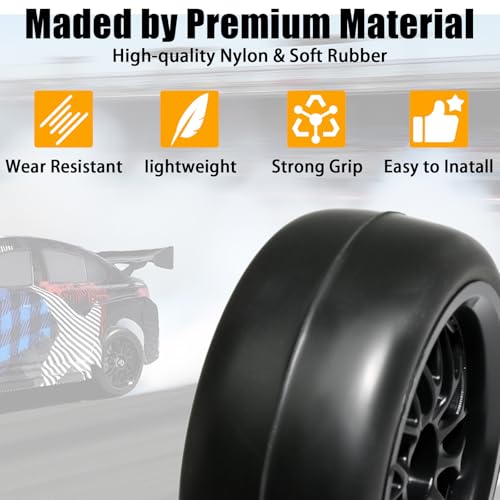 OD 2.55" On Road Rubber Tires Nylon Wheels- 12mm Hex for 1/10 RC Racing Car | Compatible with MJX HSP Tamiya HPI Kyosho Traxxas Sakura Redcat WLtoys 1/10 RC On-Road Racing Touring Car (4pcs, Black) - style: A-Black