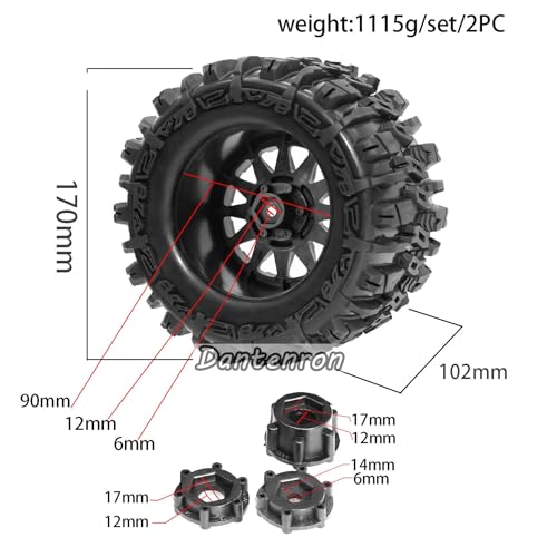 Dantenran 1/8 1/7 RC Monster Truck Tires OD 6.69" And Wheels 12mm 14mm 17mm Hex For 1:7 1:8 1:10 Off Road Truck Car Traxxas Maxx Tmaxx Summit ERevo 3.3 Arrma KRATON Notorious Outcast 6S Typhon 3S (L3)