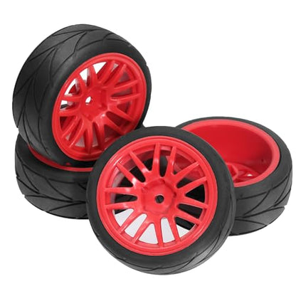 1/10 RC On Road Tires OD 2.56" and Hard Plastic Rally Wheels Rims 12mm Hex for 1:10 Scale Street Racing Touring Drift Car Tamiya TT01 TT02 Traxxas XV02 XV01 TA06 HPI KYOSHO PTG2 4PCS (Red) - color: Red