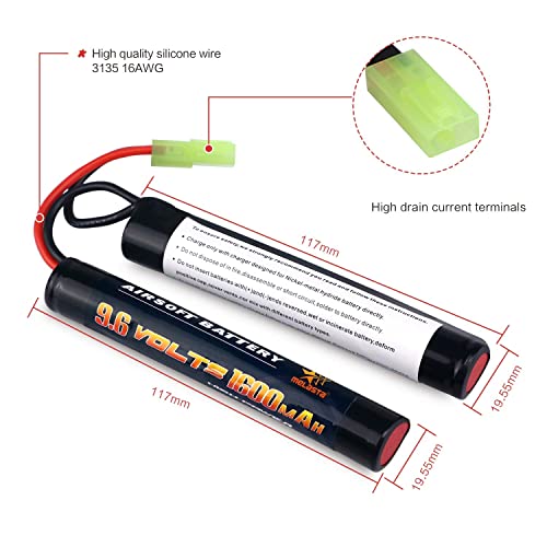 melasta 9.6V 1600mAh Nunchuck NiMH Battery 2-Pack for Airsoft Guns | Compatible with Mini Tamiya. Fits M4, G36, M110, SR25, M249, M240B, M14, RPK, PKM, L85, AUG, G3. High-capacity rechargeable.