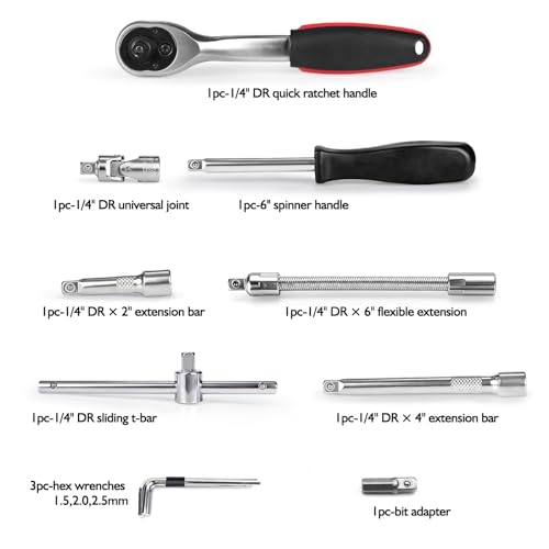 Egofine 46 Pieces 1/4 inch Drive Socket Ratchet Wrench Set Nickel Tool | Pearl nickel coating with 72-Teeth Ratchet Wrench S2 Bit Socket Set Suitable Auto Repairing and Household with Storage Case - style: 1/4" 46 PCS with 72 Teeth Ratchet