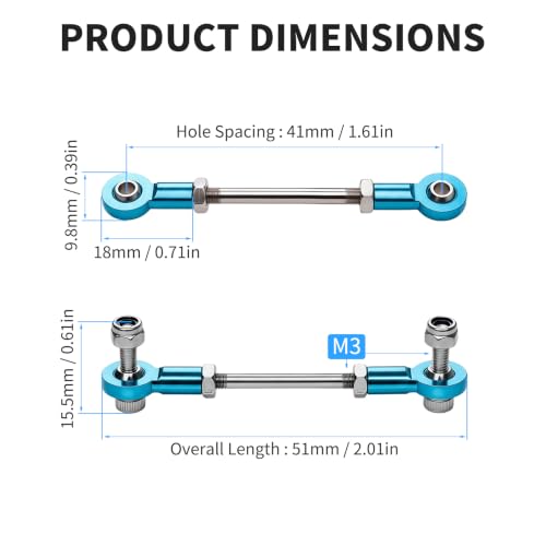 2 Pcs RC Toy Push Rod, M3x25mm Tie Rods Blue Ball Head Joint | 51mm Length, 304 Servo Linkage Link Rods, Double Aluminum Alloy Ball Head, for RC Cars, Planes, Helicopters, DIY Models - color: M3×25mm Rod