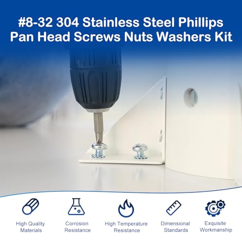 #8-32 x 1-1/2" to 2-1/2" Long Pan Head Machine Screws Kit for Outlet Box | 123Pcs with Nut Washer, 304 Stainless Steel UNC Fully Threaded Phillips Drive, for Wall Plate, Appliance and Furniture Repair - size: #8-32(Long Screws Kit）