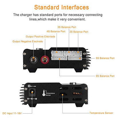 LiPo Battery Charger, 80W 6A Balance Fast Battery Charger for RC Toy Model | Battery Charger Discharger for 1S-6S LiPo/Li-Fe/Li-ion 1S-15S NiMH/NiCD Packs RC Car Boat Drone Battery - color: Black