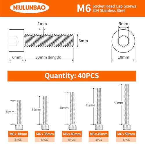 M6 x 30mm 35mm 40mm 45mm 50mm Hex Socket Head Cap Screws Bolts 304 Stainless Steel Metric Machine Allen Hex Drive, Fully Threaded, Assortment Kit 40PCS - size: M6 x 30/35/40/45/50mm (40PCS)