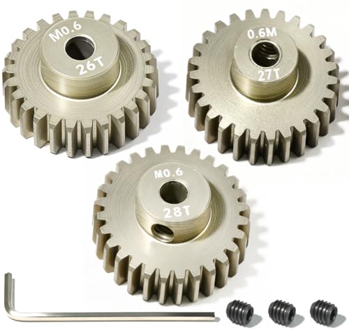 3PCS 0.6 Mod 0.6M Pinion Gear Set 26T 27T 28T, 7075 Aluminum Alloy RC Gears with 3.175mm Bore for 540 550 Brushed Brushless Motors, Fits for 1/10 Tamiya Redcat HSP HPI RC Cars - size: 26 27 28T