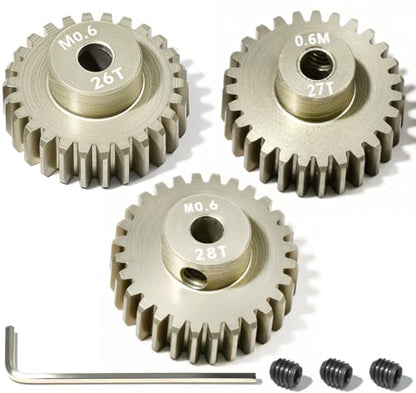3PCS 0.6 Mod 0.6M Pinion Gear Set 26T 27T 28T, 7075 Aluminum Alloy RC Gears with 3.175mm Bore for 540 550 Brushed Brushless Motors, Fits for 1/10 Tamiya Redcat HSP HPI RC Cars - size: 26 27 28T