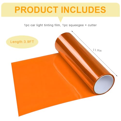 Car Headlight Vinyl Film, 48"×11.8" Self-Adhesive Car Headlight Tint Sticker with Squeegee & Cutter, Waterproof Wrap Film Roll for Vehicle Headlights Taillights Fog Lights (Orange) - color: Orange