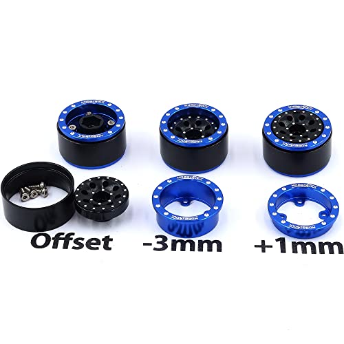 Adjustable Offset 1.0 Beadlock Wheels Blue Black, Heavy 1.0 RC Crawler Rims Weight 21g/Rim 7mm Hex Rims for Axial SCX24 Crawler & Other 1/24 RC Crawler Car Truck, (4-Pack) - color: Blue & Black
