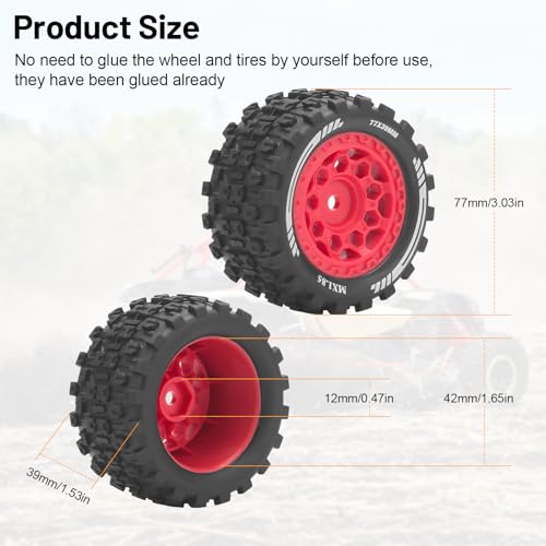 1/18 RC Car Tires and Wheels, daitoku 12mm Hex RC Truck Tires for 1/18 ARRMA Granite Typhon WLtoys A949 MJX Hyper Go H16 - Style A (Red)
