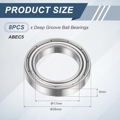 uxcell 8Pcs 6803ZZ 17mmx26mmx5mm Deep Groove Ball Bearings, Double Metal Shielded Bearing Steel ABEC5 High Performance for Industrial Machinery Precision Transmission, Silver - size: 6803ZZ 17mmx26mmx5mm