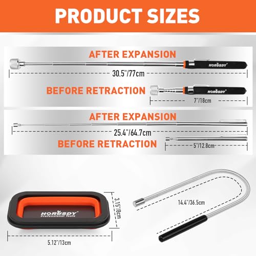 HORUSDY 4 - PIECE Magnetic Pickup Tools Kit | Extendable Telescoping Magnet Pick Up Tool Set 7-30.5” & 5-25” | Bend-It Flexible Magnetic Sweeper | Collapsible Parts Tray for Garage Workshop Yard - style: 4-Piece Magnetic Tray & Stick - Collapsible