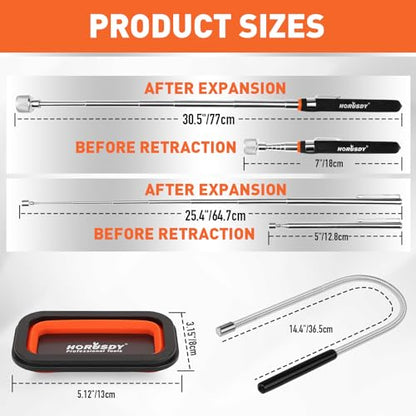 HORUSDY 4 - PIECE Magnetic Pickup Tools Kit | Extendable Telescoping Magnet Pick Up Tool Set 7-30.5” & 5-25” | Bend-It Flexible Magnetic Sweeper | Collapsible Parts Tray for Garage Workshop Yard - style: 4-Piece Magnetic Tray & Stick - Collapsible