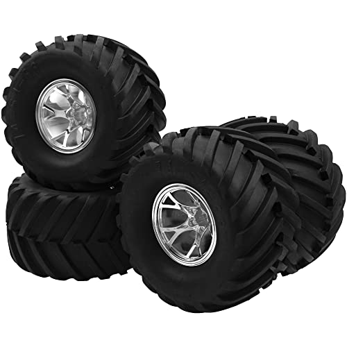 5.31''OD Rubber Tires & Wheel Rim 12mm Hex Hub Compatible with Traxxas Rustler HPI HSP Volcano Tamiya Exceed Himoto 1/10 Off-Road Monster Truck,135mmx73mm (Silver) - color: Silver