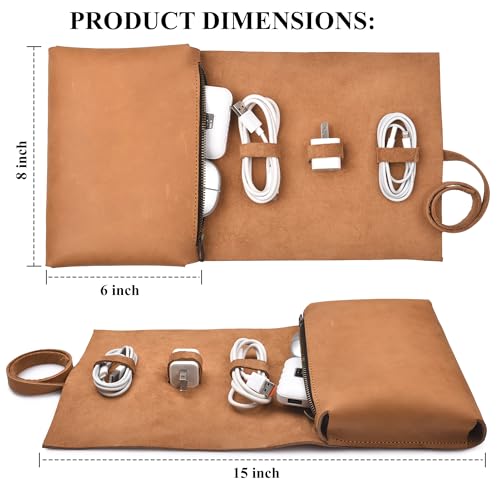 Leather Tech Pouch for Cables Chargers Phone | Tech Bag | Zipper Travel Accessory Pouch | Electronic Organizer Case Travel Bag (Tan) - color: Tan