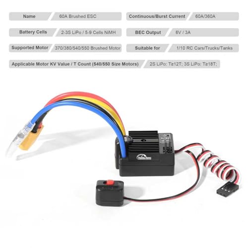 60A Brushed ESC 2-3S Electronic Speed Controller Waterproof ESC for 370 380 540 550 Brushed Motor 1/10 Remote Control Car Truck (Black) - color: Black
