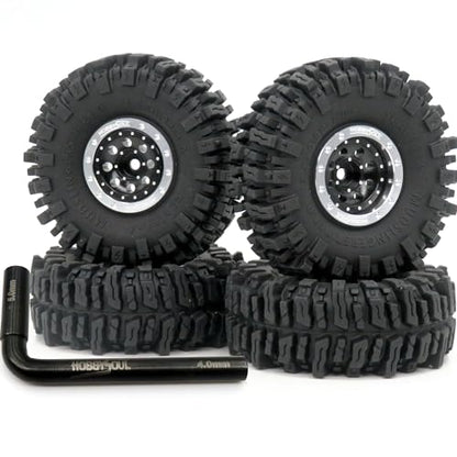 RC 64 * 25mm 1.0 Mud Slingers tires wheels set, 1/18 1/24 1.0 Tires Tyres & 1.0 beadlock wheels (2 offsets option) Rims For RC Mini Crawler 1/24 SCX24 1/18 TRX4M FMS 24 - color: Silver & Black