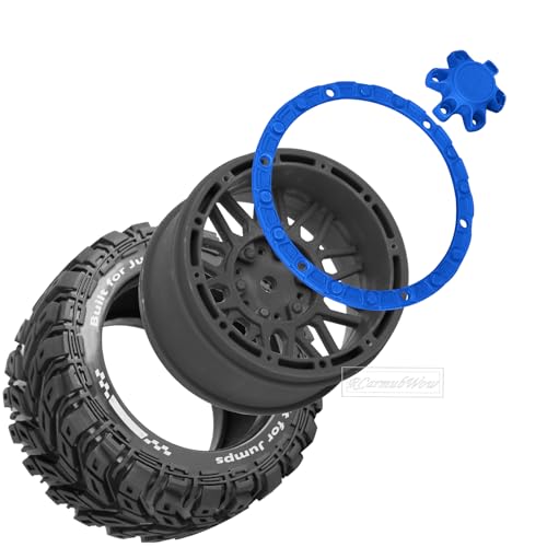 RC Wheels and Tires for 1/16 Scale,RCarmubWow Plastic Rim Rubber Tires for 1/16 Summit E-Revo Gorgon Grom,Mini Kraton 3S, M-J-X16207-16210, H-B-X16889 16890,S-C-Y16101-16106 RC Truck,Black&Navy Blue - color: Black W/Navy Blue(4pcs)