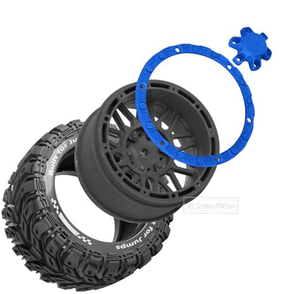 RC Wheels and Tires for 1/16 Scale,RCarmubWow Plastic Rim Rubber Tires for 1/16 Summit E-Revo Gorgon Grom,Mini Kraton 3S, M-J-X16207-16210, H-B-X16889 16890,S-C-Y16101-16106 RC Truck,Black&Navy Blue - color: Black W/Navy Blue(4pcs)