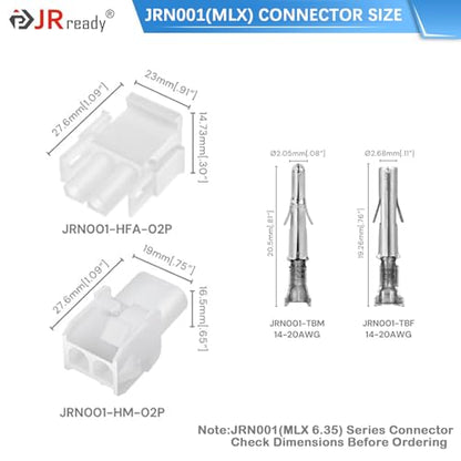 JRready ST6424 Power Connector 2 Pin (6 Matched Sets), 2.13mm Diameter Pin and Sockets 14-20 AWG, Compatible with Molex MLX Power Connector 2 Pin Male& Female, 6.35mm Pitch,Free Hanging - size: MLX 2Pin Connector