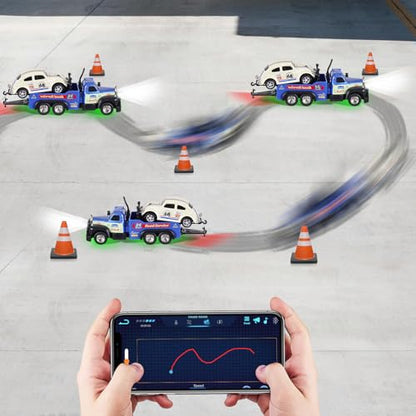 haomsj Mini Rc Tow Truck Toy with Mini Metal Car Set 2PCS,City Service Vehicle Remote Control Tow Truck Toys for Kids Boys Gifts 3-5 4-7 8-12 Years Old, 1:64 Scale Cars Trailer Toy with Light(Blue) - color: Blue