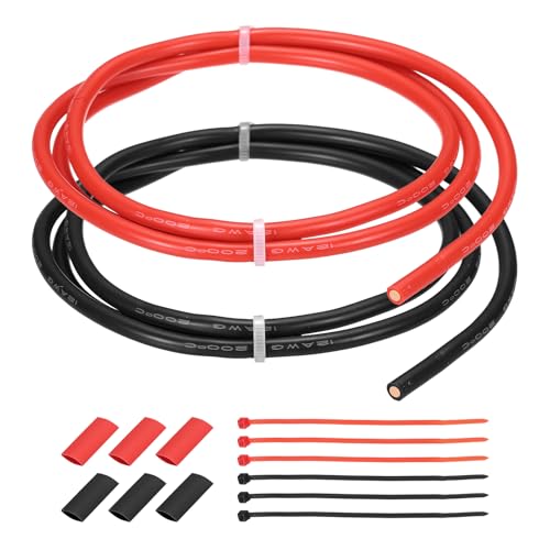 MECCANIXITY 12 Gauge Silicone Electrical Wire Cables, 12 AWG 3ft Black and 3ft Red Electrical Wires High Temp 600V 200C Flexible Stranded Tinned Copper Wires Automotive Cable with Accessories - size: 12 Gauge 1m/3ft