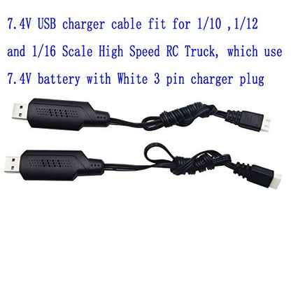 Blomiky 2 Pack 7.4V 1.3A Lithium Battery Charger Cable with XH-3P Plug for Some 1/10 1/12 1/16 1/14 1/18 Scales RC Car Truck Boat Drone 7.4V 2S Lipo or Li-ion Battery / 9125 USB 2