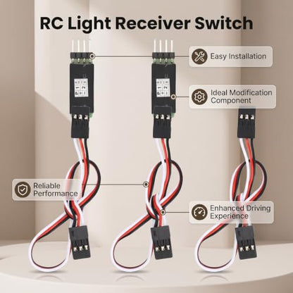 Electronic Switch Relay 3 Pack RC Car Third Channel Light Receiver Switch,6V 1A Remote Control Cord for LED Headlights and Taillights, Universal for 1/10 1/8 Scale Off Road