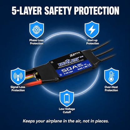 ZTW Beatles G2 50A ESC 2-4S Built-in Switching BEC 5V/6V 4A Brushless Speed Control for RC Airplane Aircraft Fixed-Wing - size: 50A