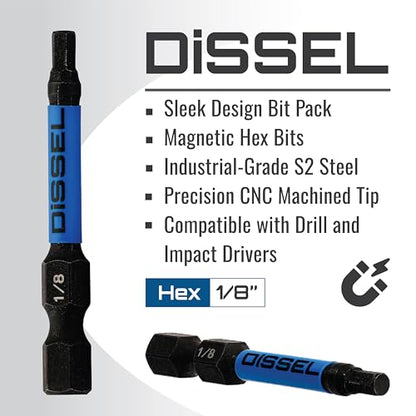 1/8 Hex Bit Set - SAE Magnetic 1/8 Allen Wrench, Durable S2 Steel Hex Driver for Bike, Furniture & RC Repairs (6pc). Impact Grade Allen Bits Designed for Precision and Durability. - size: 1/8", style: SAE