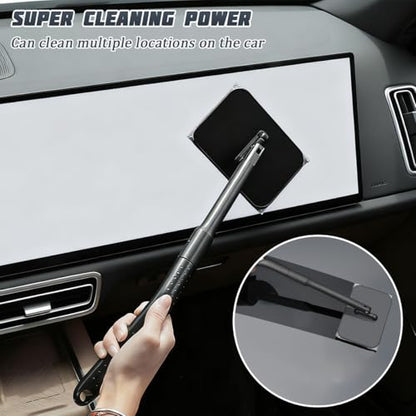 Car Windshield Cleaning Tool, Vehicle Window Glass Cleaner with 4 Reusable Microfiber Pads & Extendable Handle, Automotive Interior Windscreen Wash Kit, Universal for Most Vehicles