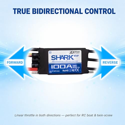 ZTW Shark G2 100A ESC 2-6S Built-in Swithcing BEC 5V/6V 8A Water-Cooling Bidirectional Waterproof Brushless Speed Controller for RC Boat Marine - size: 100A