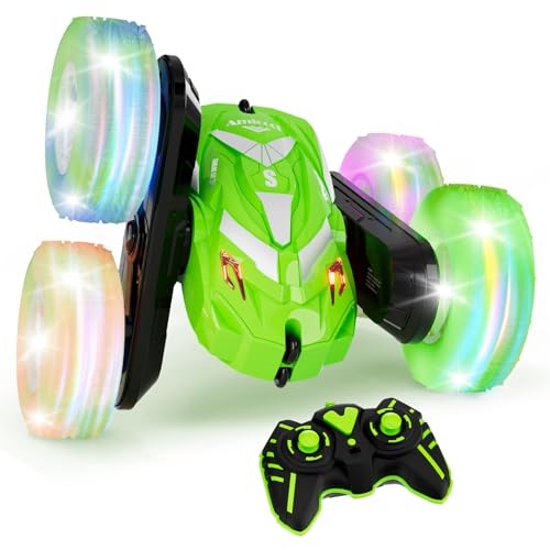 Amicool Remote Control Car for Boy 6-12 with Flashing Light, 6 7 8 9 Years Old Boy Toys, Race RC Cars Stunt Drift 4WD 2.4Ghz Double Sided 360° Flip, Boys Gift Idea for Kids Birthday Christmas, Green - color: Green
