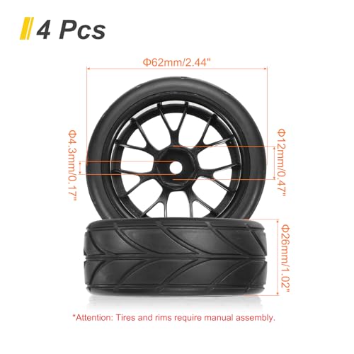 uxcell 4-Pair High-Grip RC Car Tire & Wheel Set for 1/10 Scale On-Road Touring Cars - Soft Rubber Tyres with 12mm Hubs, Black, Type J
