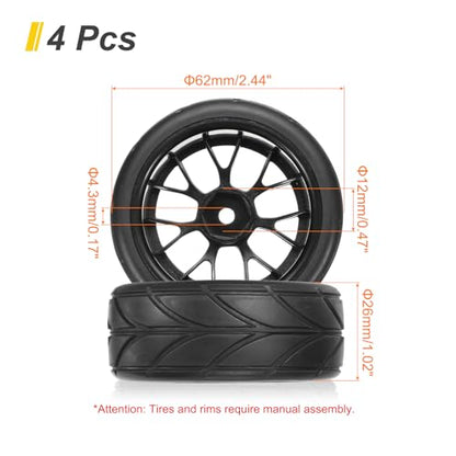 uxcell 4-Pair High-Grip RC Car Tire & Wheel Set for 1/10 Scale On-Road Touring Cars - Soft Rubber Tyres with 12mm Hubs, Black, Type J