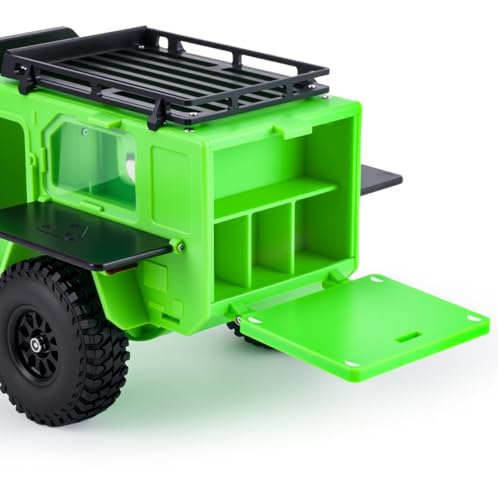 RC Off-Road Camping Trailer for 1/18 1/24 TRX4M SCX24 RC Crawler | Durable ABS mini camping trailer pre-drilled LED mounting holes, highly realistic scale design - color: Black Green