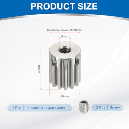 uxcell 1 Mod 13T Spur Gear 5mm Bore, 304 Stainless Steel Pinion Gear, 20°Pressure Angle, for Spur Rack and RC Model Car or Motor DIY - size: 1 Mod 13T, 5mm