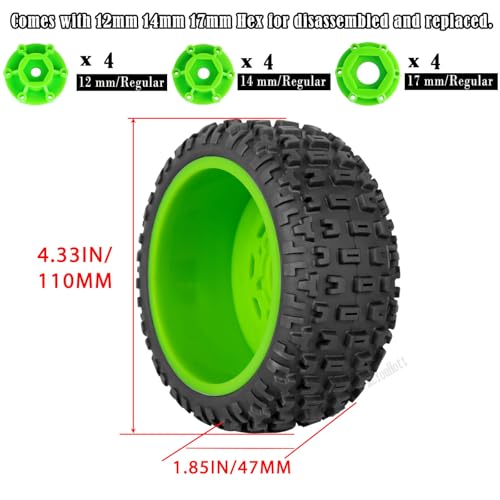 RC Truck Wheels Tires 12mm/14mm/17mm Hex for 1/10 Arrm a Senton/Slash 2WD 4WD 4×4/Axia1/Redca t/Rc4w d,w/Detachable Replace Running on Off-Road Tire RC Wheel Hex,Wheels and Tires,Green - color: Green- (Wheel Tires)