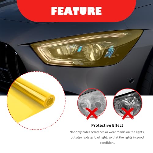 12×47 Inch Car Headlight Tint Film,Self-Adhesive Tail Light Tint Film Kit with Squeegee & Cutter,Universal Taillight Tints Films Automotive Exterior Accessories for Car Fog (Yellow) - color: Yellow
